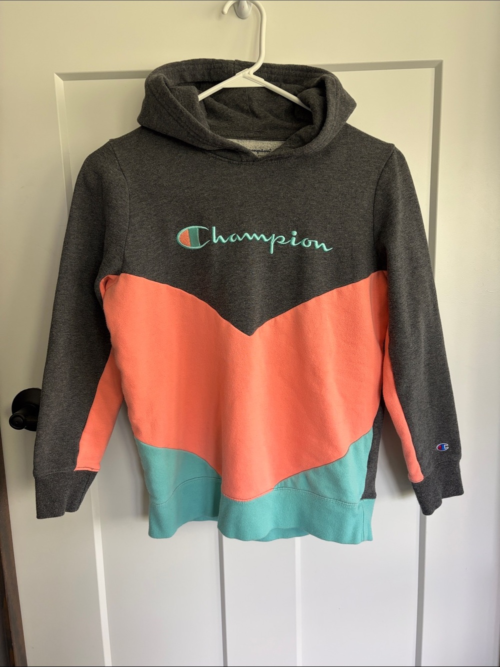Champion Girls Colorblock Hoodie - Dark Gray, Coral & Teal size XL